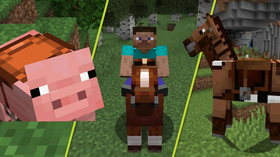 How to make a saddle in Minecraft: a pig with a saffle, a man riding a horse, a horse with a saddle