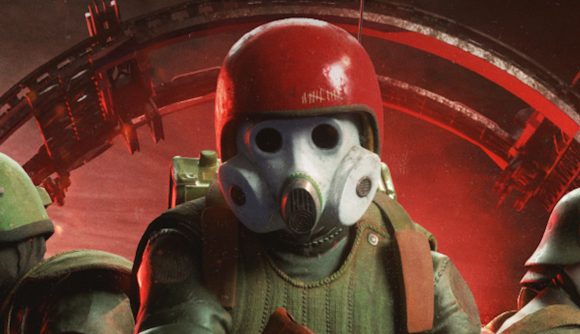 Marauders alpha content: A Space pirate weaing a red helmet and a white gas mask