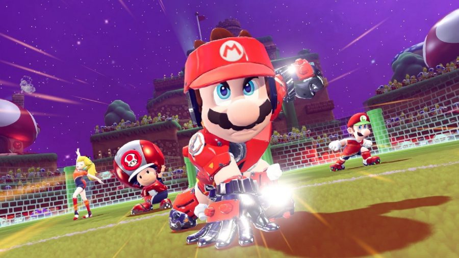 Mario Strikers: Battle League pre-orders: Mario, Toad, Peach, and more can be seen on the pitch preparing to take the ball.