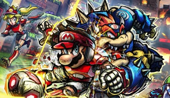 Mario Strikers Battle League: Mario and Bowser can be seen tackling each other for the ball, while Peach runs in the background.