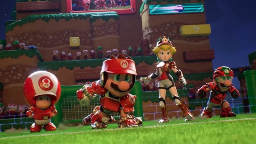 Mario Strikers Battle League Roster: Mario, Peach, and Luigi can be seen alongside Toad