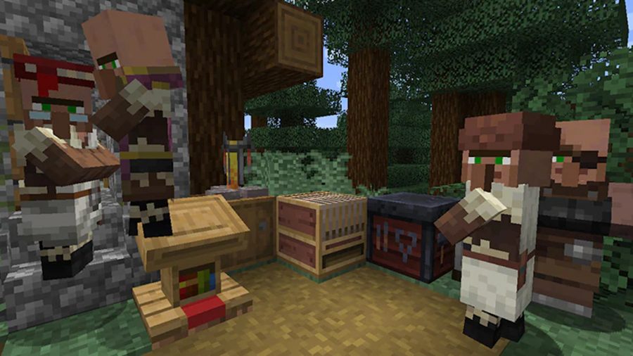 Minecraft villagers - a group of villagers near a work block