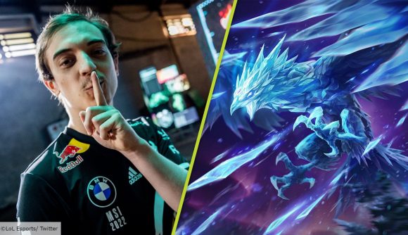 MSI 2022 Caps Anivia: A split image showing G2 Caps with his finger to his lips and a splash art for League of Legends champion Anivia
