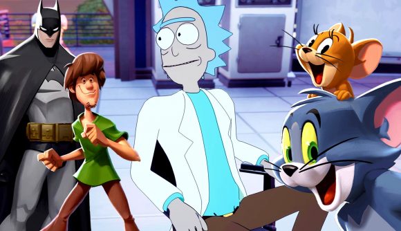 MultiVersus Character leaks: An image of Rick from Fortnite and artwork of Batman, Shaggy, and Tom and Jerry from MultiVersus