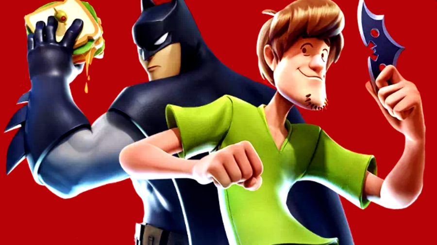 MultiVersus Roster: An image of Batman holding a sandwhich and Shaggy from Scooby Doo holding a batarang