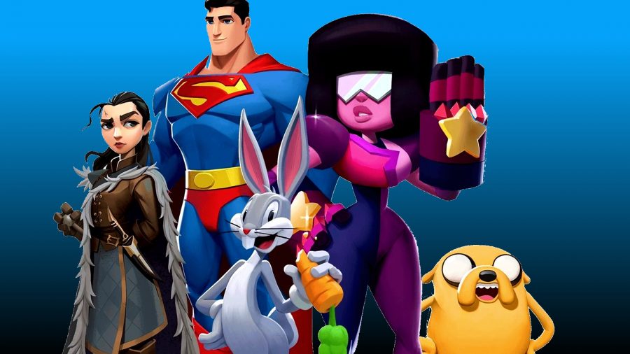 MultiVersus Voice Actors Cast: An image of Arya, Superman, Garnet, Bugs, and Jake the Dog from MultiVersus