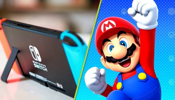 Nintendo Switch 5th best selling console: An image of a Nintendo Switch on a table and mario on a blue background