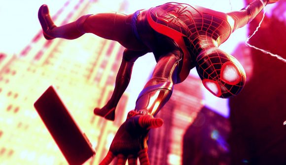 PS Plus discount upgrade Asia: An image of Miles Morales falling from Insomniac Games' Spider-Man Miles Morales