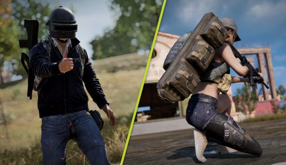 PUBG update 17.2: A split image of a PUBG character doing a thumbs up emote and another crouched with their weapon drawn wearing a large backpack