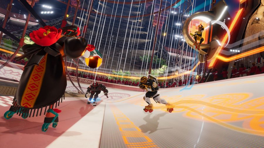 Roller Champions Review: Multiple skaters can be seen in the arena