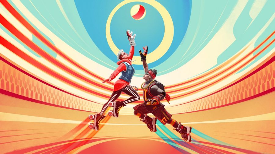 Roller Champions Review: Two players can be seen trying to grab a ball against a brightly coloured background.