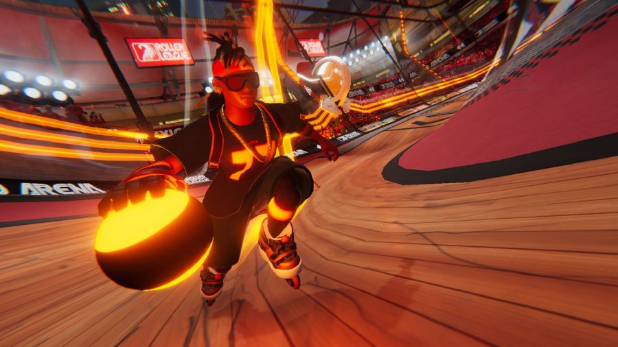 Roller Champions Review: A skater can be seen holding the ball and skating towards the camera