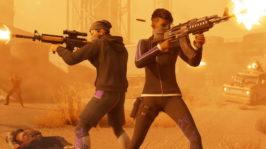 Saints Row style, tone all missing: We see a screenshot from the new Saints Row game, with two characters back to back, firing guns at their enemies