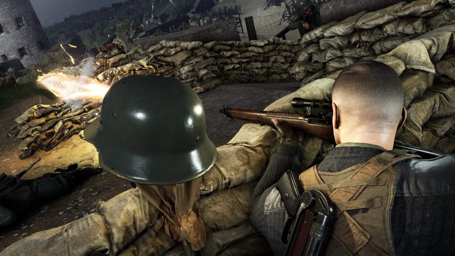 Sniper Elite 5 Best Skills: Karl can be seen sniping from behind some sandbags