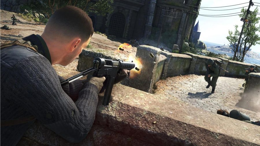 Sniper Elite 5 Length How Long To Beat: Karl can be seen firing a machine gun at the player.