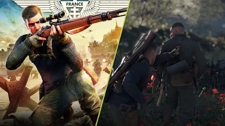 Sniper Elite 5 pre-order images: one shows the protagonist holding a sniper rifle from the game's box art, the other shows him sneaking up behind someone in order to kill them.