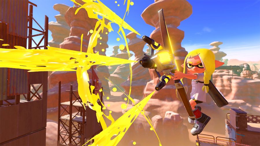 Splatoon 3 release date inkling fires bow and arrow full of ink to paint map