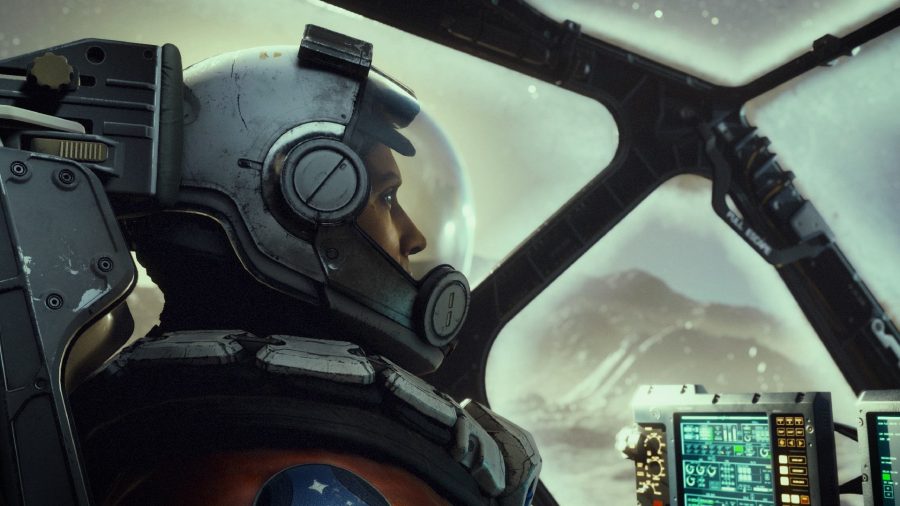 Starfield Game Pass: The player character can be seen sitting in the cockpit of a ship.