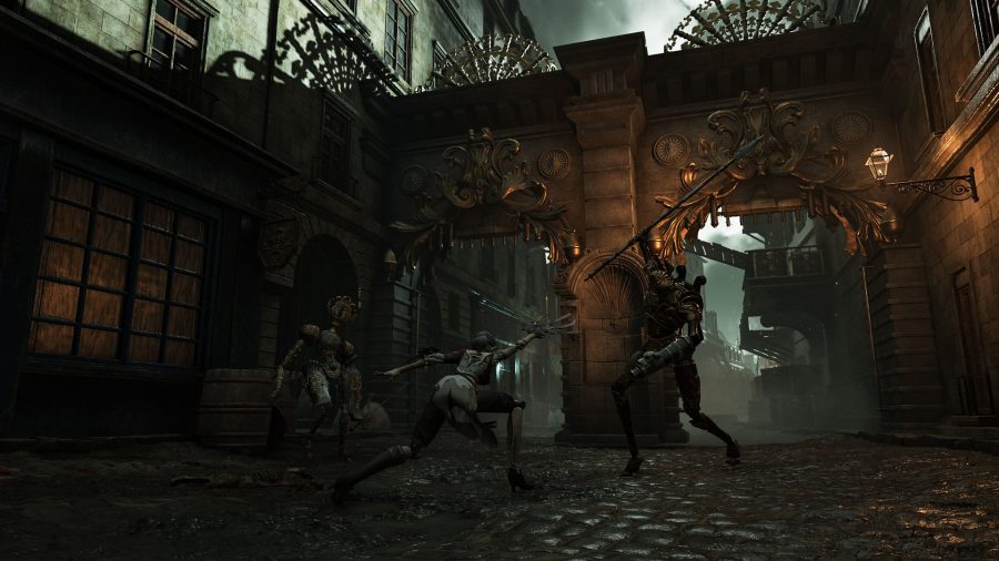 Steelrising Preview Gameplay Elden Ring Bloodborne Nioh: Aegis can be seen fighting two enemies in the streets of Paris