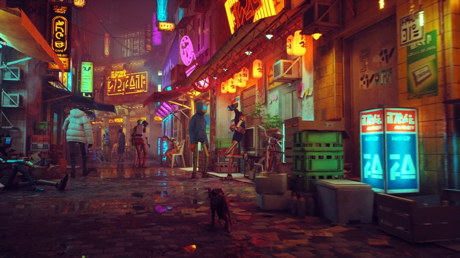 stray release date cat walking through neon lit streets of sci fi city