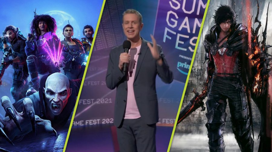 Summer Games Fest Schedule: The four protagonists of Redfall can be seen about to kill a vampire, while the protagonist of Final Fantasy 16 stands on the other side of Geoff Keighley