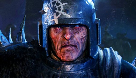 Warhammer 40K Darktide news: An image of an old man in a 40K infantry helmet with a white eye