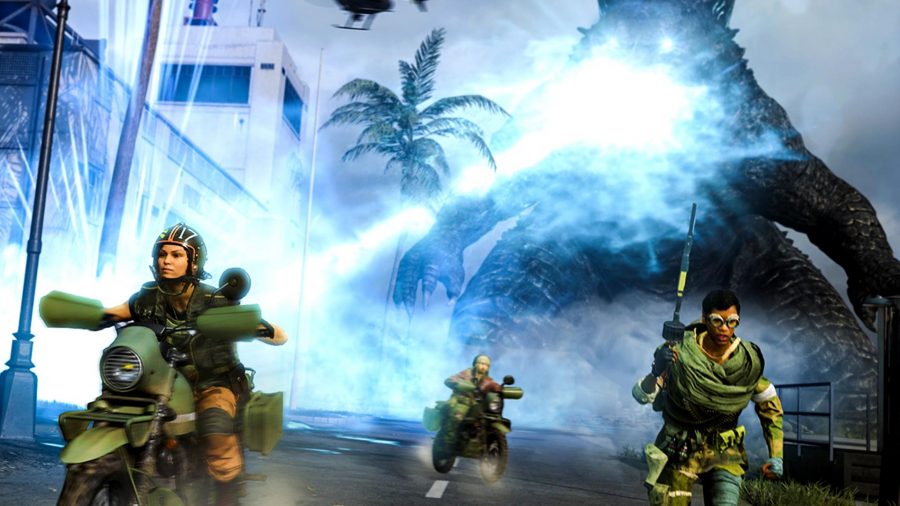 Warzone Operation Monarch SCREAM Device killstreak: An image of Godzilla firing a Heat Ray at players on Caldera