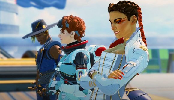 Apex Legends control mode: Loba, Horizon, and Seer from Apex Legends stand in a line and look off to the distance