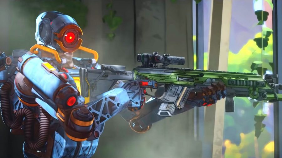 Apex Legends, сезон 13, класиран: Pathfinder стои със снайперска пушка с дълга цев в ръка
