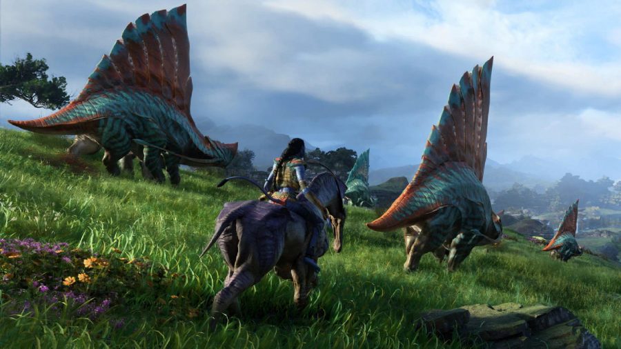 Avatar Frontiers of Pandora: A Na'vi can be seen riding an animal across a field with two more animals in the background