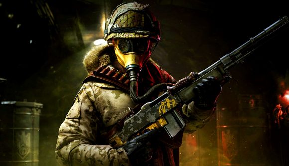 Call of Duty Warzone Prime Gaming Bundle Cooper Carbine: An image of a Warzone player in a gas mask with the operator holding an LMG
