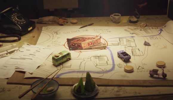 Contraband Xbox Bethesda Showcase: A map showing the plans for a heist is laid out on a table in the Contraband reveal trailer