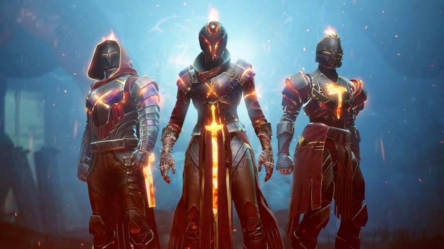 Destiny 2 best armor: A Titan, Hunter, and Warlock stand in a line wearing fiery armor sets
