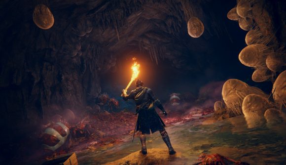 Elden Ring patch 1.05 notes: A player holds up a flaming torch to light up a cave full of egg-like creatures on the walls
