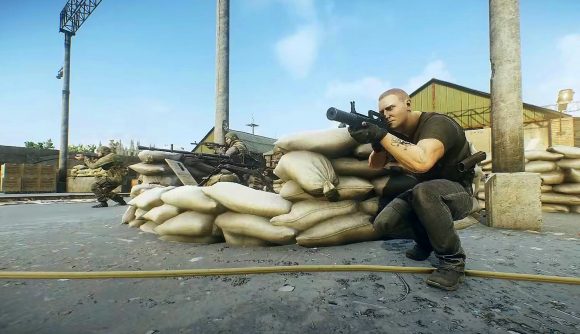 Escape From Tarkov event Toxin TG 12: A squad opens fire in EFT. Two are crouched in the open, one is behind some sandbags