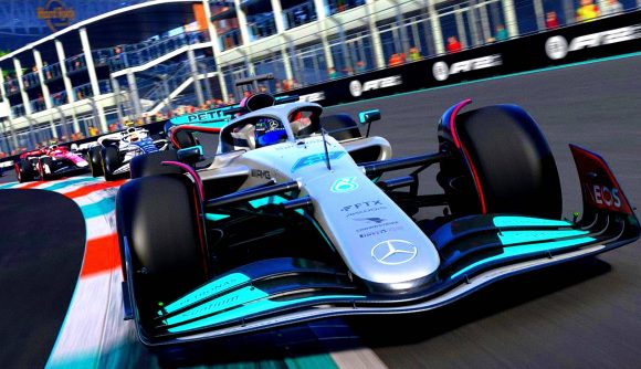 F1 22 Hamilton Verstappen Driver Ratings: an image of a Mercedes on the Miami GP track in-game