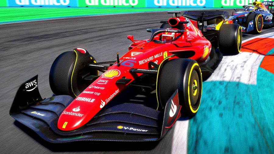 F1 22 Tracks list: an image of a Ferrari in F1 22 on the Miami International Autodrome
