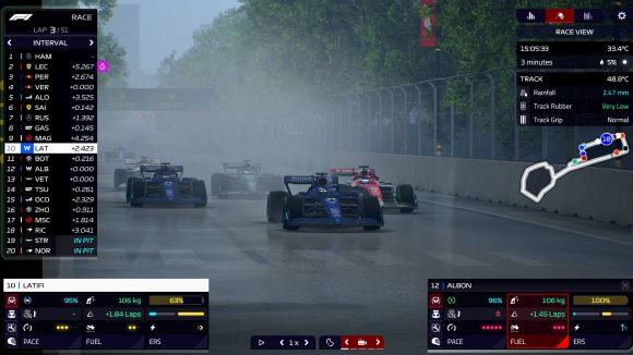 F1 Manager 2022 real time race graphics: An image of rain with a willaims car in the centre