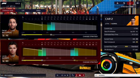 F1 Manager real time race graphics: An image of the tyre management screen in-game