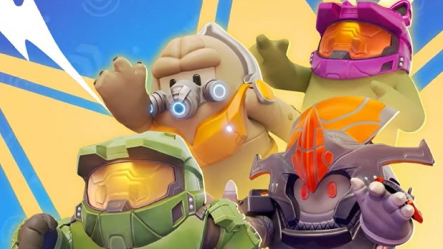 Fall GUys Master Chief Release Date: Master Chief, a cat-eared spartan, and two other skins can be seen.