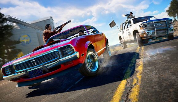 Far Cry 5 Xbox Game Pass: A gunfight ensues during a car chase between a red muscle car and a white pickup truck