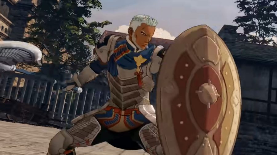 Fire Emblem Three Hopes Characters: Dedue can be seen holding his shield in front of him