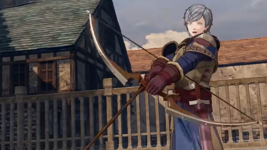 Fire Emblem Three Hopes Characters: Ashe can be seen preparing to aim with his bow