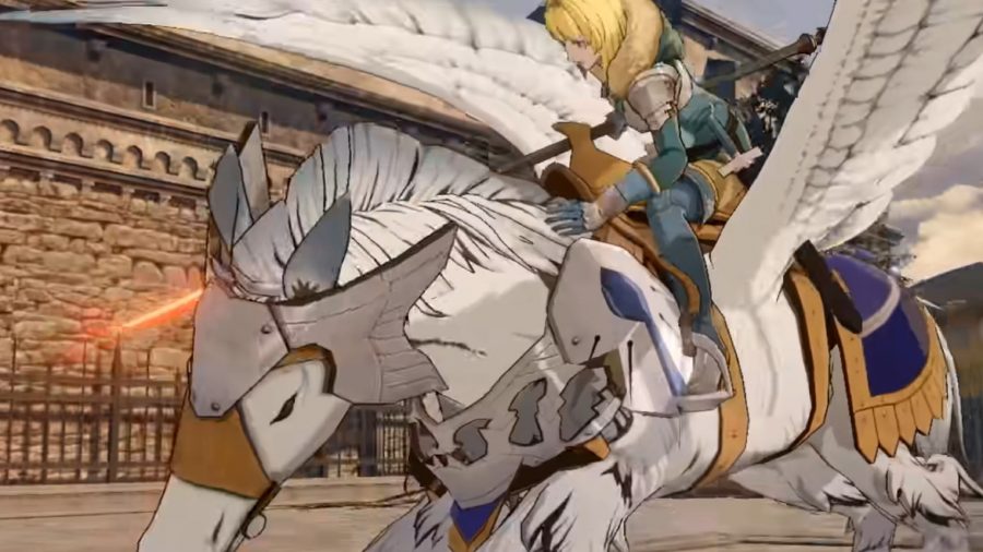 Fire Emblem Three Hopes Characters: Ingrid can be seen petting her mount