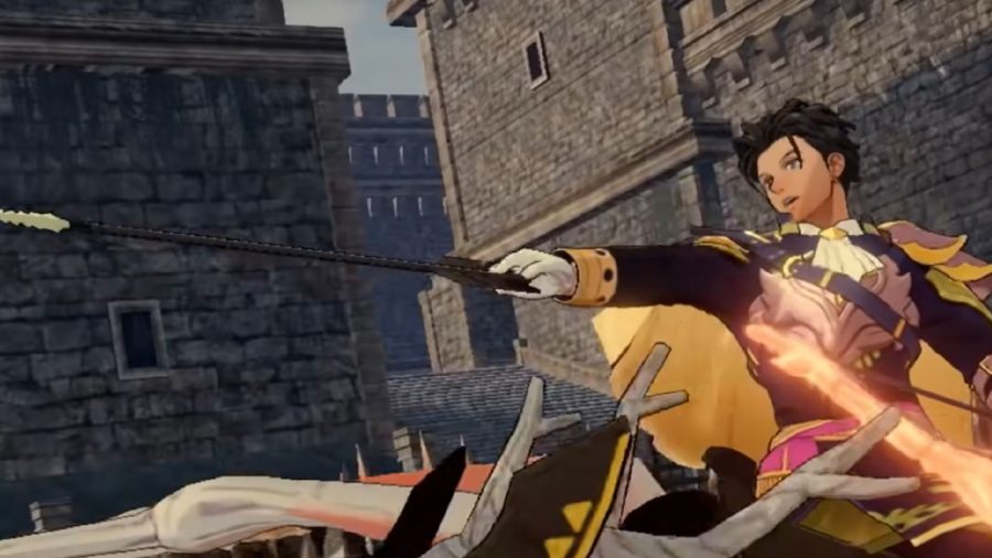 Fire Emblem Three Hopes Characters: Claude can be seen holding his lance out on a horse
