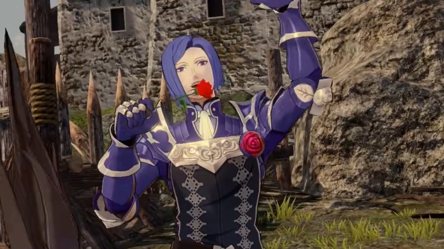 Fire Emblem Three Hopes Characters: Lorenz can be seen with a rose in his mouth
