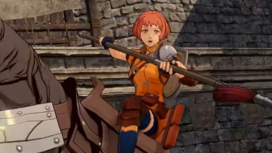 Fire Emblem Three Hopes Characters: Leonie can be seen with her lance on horseback