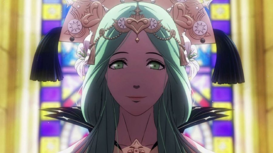 Fire Emblem Three Hopes Characters: An animated still of Rhea can be seen