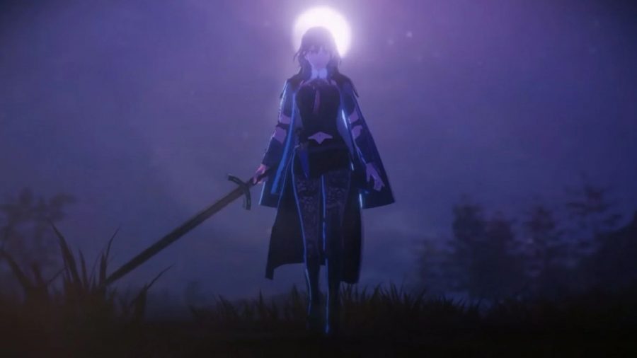 Fire Emblem Three Hopes Characters: Byleth can be seen walking towards the camera at night