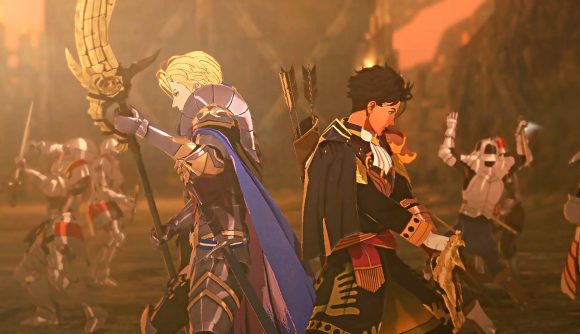 Fire Emblem Warriors Three Hopes: Two characters can be seen back to back.